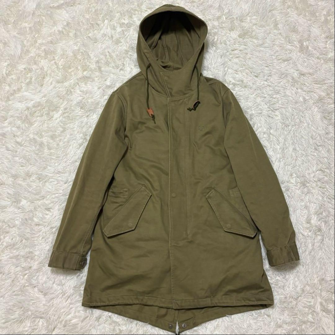 【フレッドペリー】2way モッズコート　ストライプ　ロゴ刺繍　カーキ　S