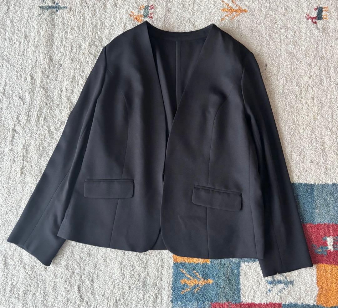 大きいサイズ　3点セット　ノーカラーパンツスーツ　セットアップ　ニッセン　黒