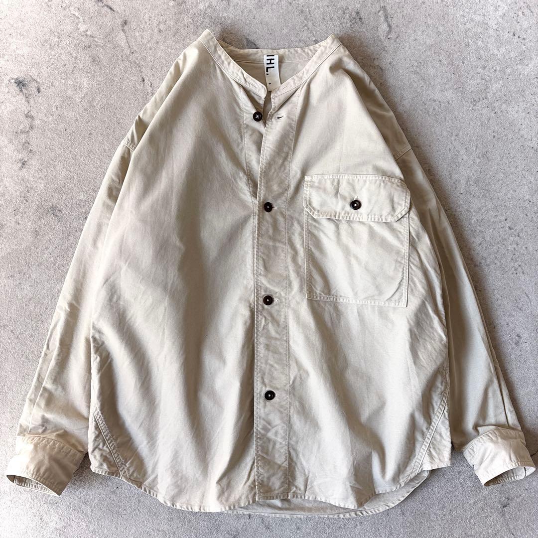 MHL. メンズ オーバーサイズ コットン バンドカラー シャツ アイボリー白_
