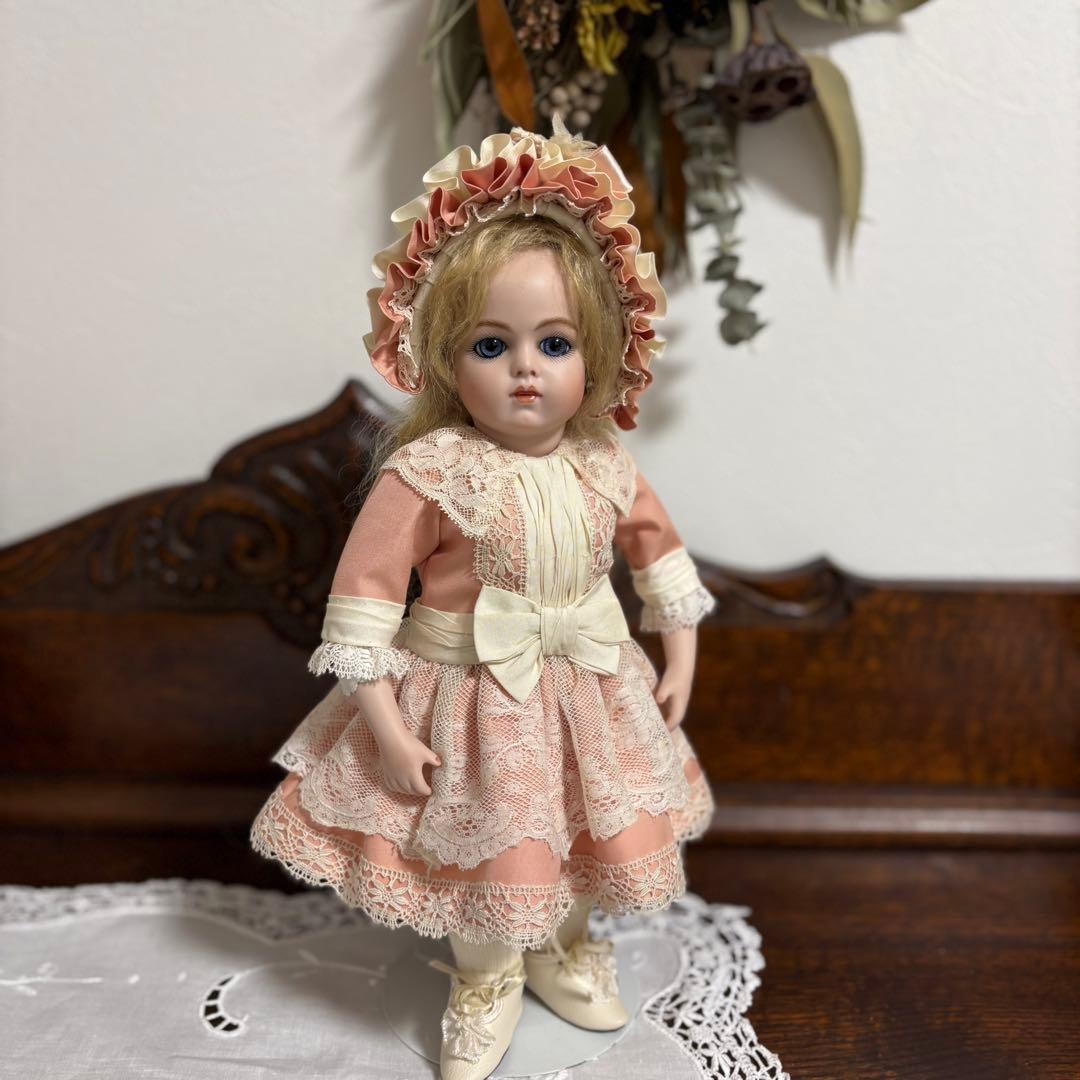 アンティークドール ビスクドール ドレス ボネ シルク ピンク レース
