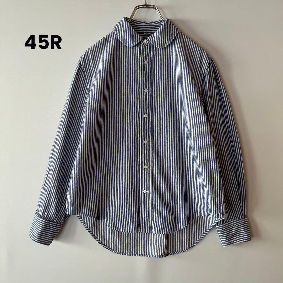 45R ストライプ柄 丸襟 コットンシャツ ブラウス 綿100% サイズ2 青白