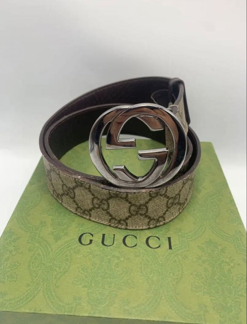 GUCCI　グッチ GGスプリーム　インターロッキング　ベルト　シルバー P55