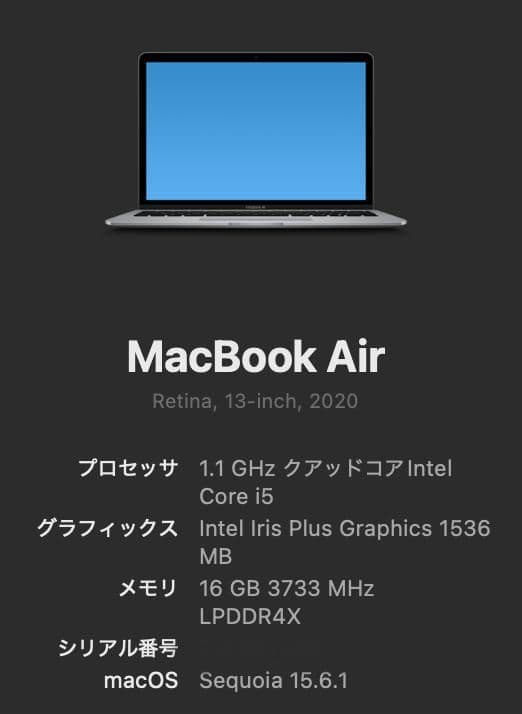 MacBook本体 MacBook Air 2020/Intel Corei5/16GB/256GB
