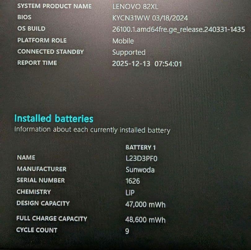 Lenovo IdeaPad Slim 3 Gen 8 82XL バッテリー良好