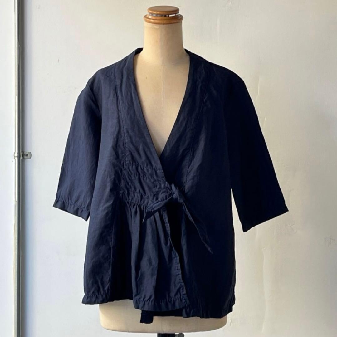 homspun リネンバイオフロントギャザー6分袖ブラウスジャケット