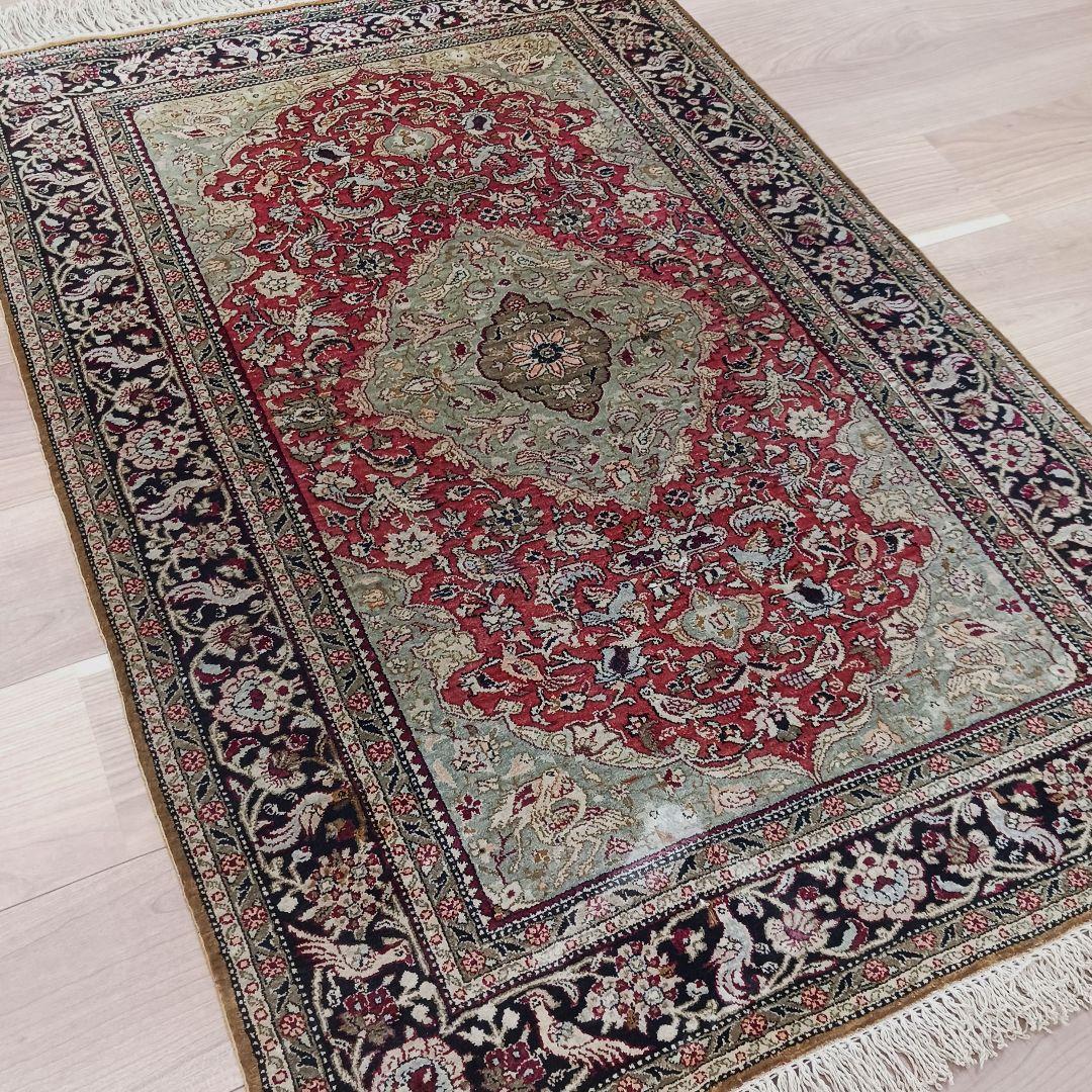 専用 Y3354 高級ペルシャ絨毯 クム シルク100% 手織り メダリオン