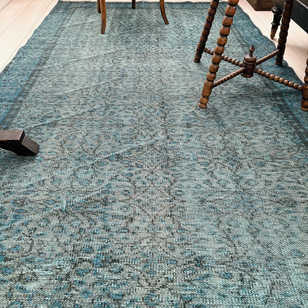 【訳アリ】トルコ ヴィンテージラグA114超大判 ターコイズブルー オーバーダイ