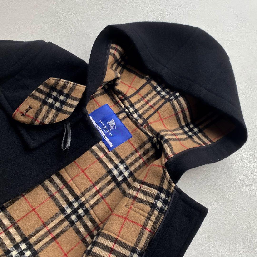 【裏地総チェック】バーバリーブルーレーベル ダッフルコート 黒　メルトンウール