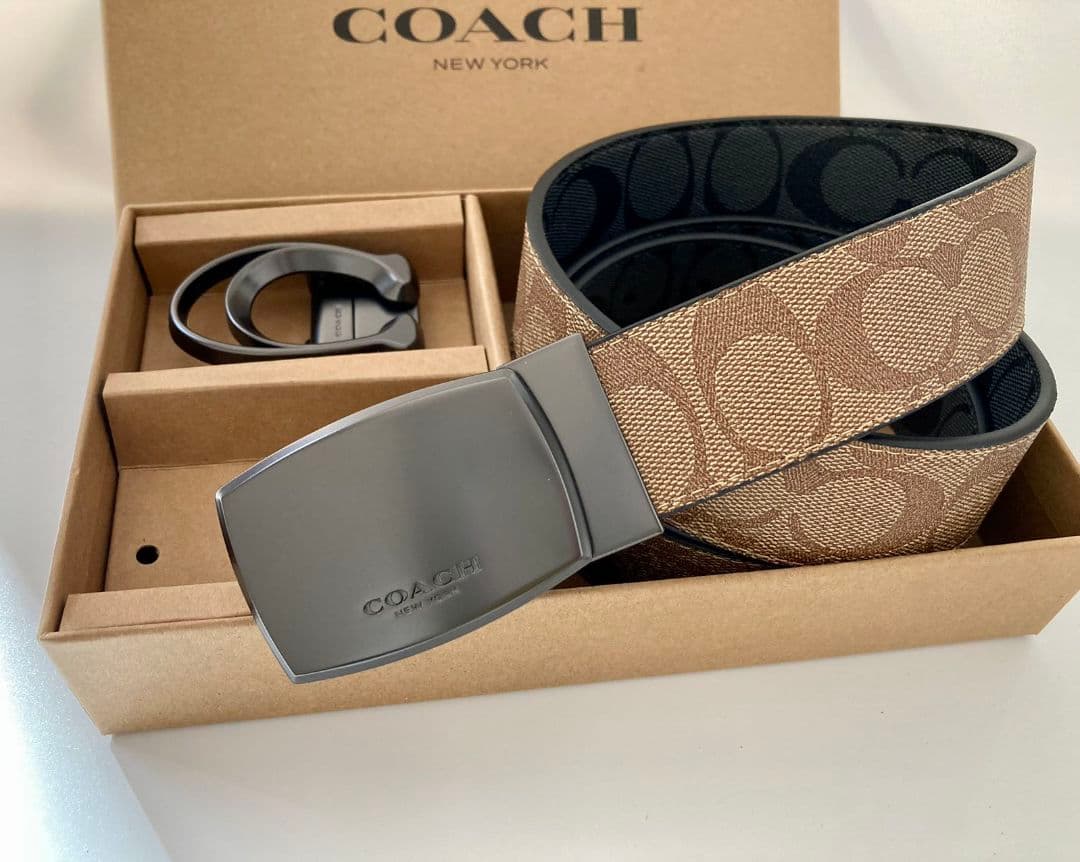SALE♪コーチ　新品　リバーシブル　シグネチャー　バックル回転ベルト