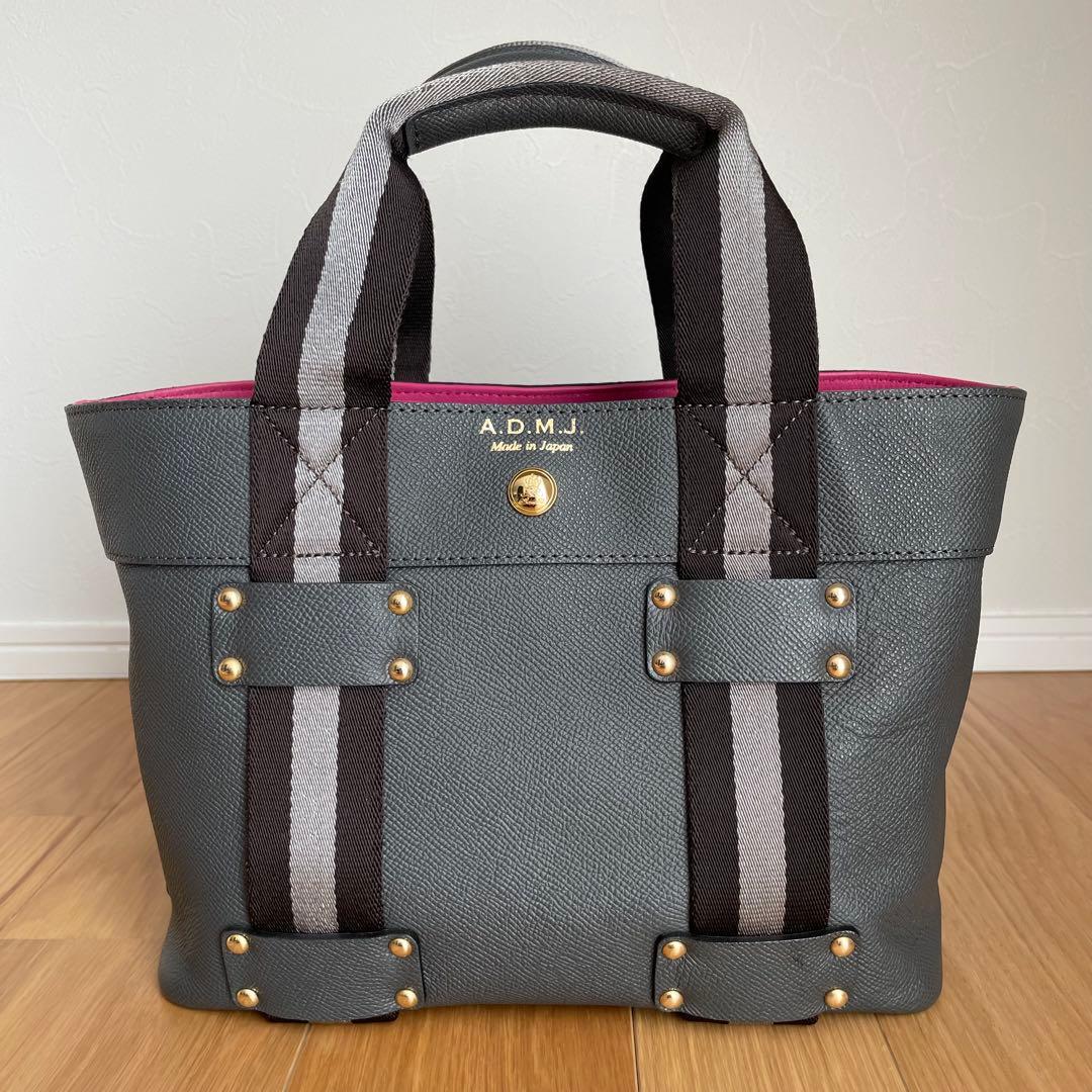 美品ADMJ ハンドバッグ レザー キャンバス　グレー　ストライプ