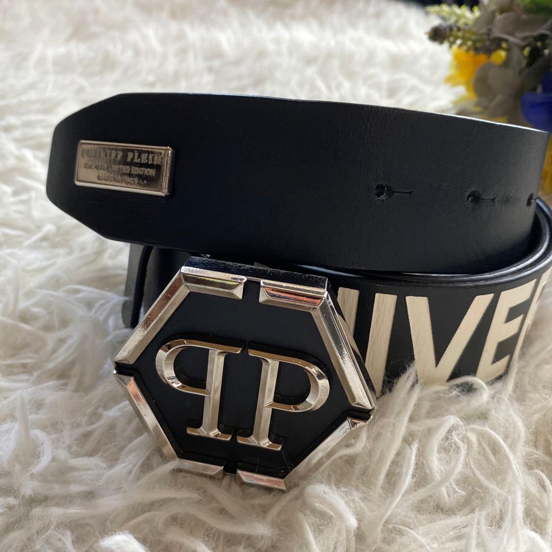 希少　Philipp Plein ベルト　ロゴ入り　ブラック