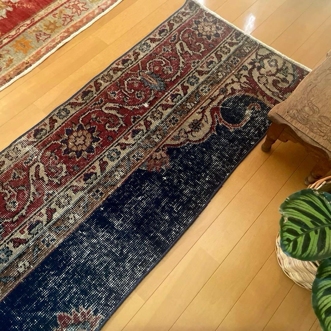 50×150 ロングランナーラグ　ネイビー×レッド　トルコヴィンテージラグ