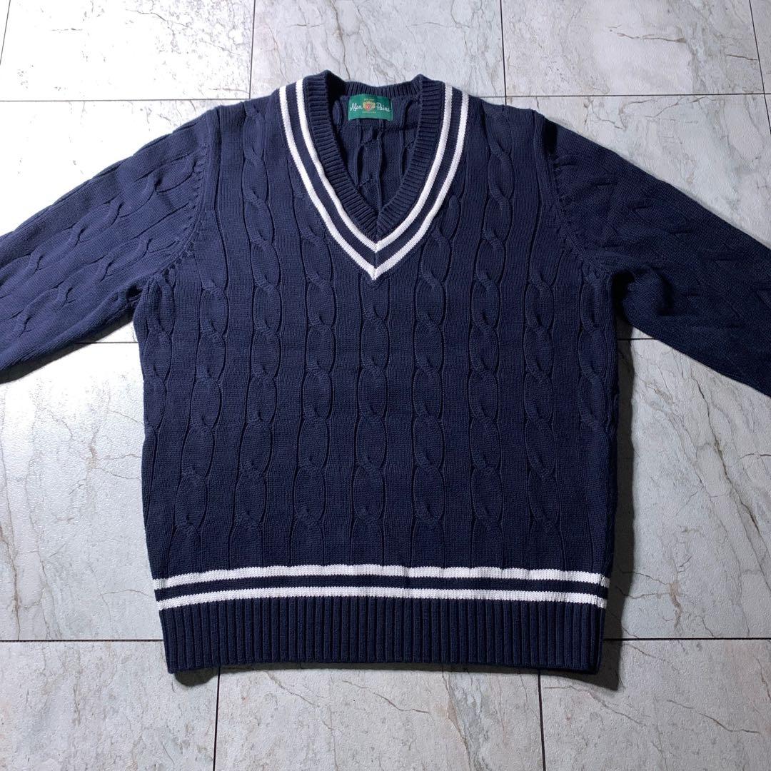 ALAN PAINE コットン ケーブル チルデンニット クリケットセーター 紺