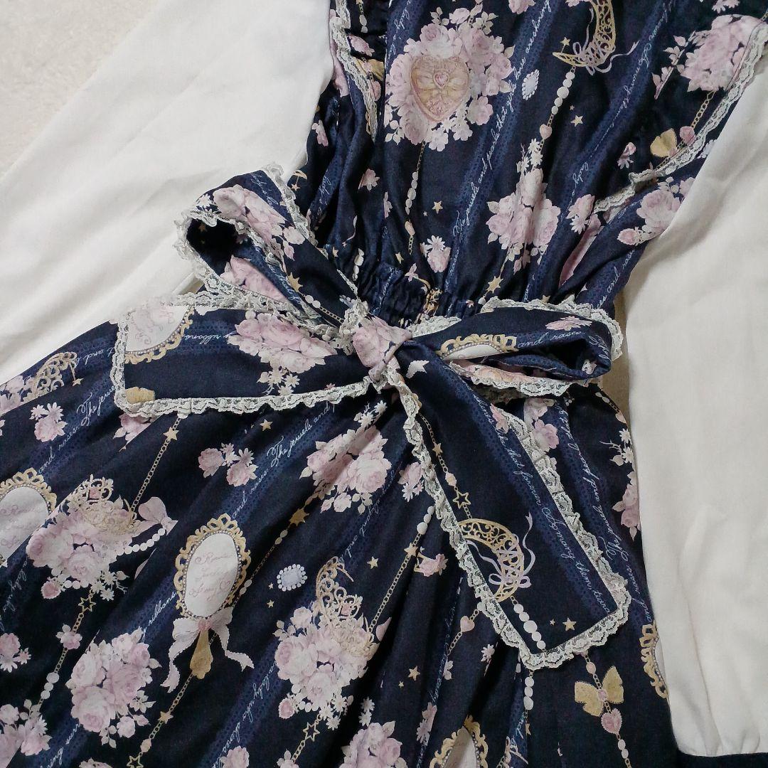 美品✨LIZ LISA リズリサ ジュエリー柄ワンピース ネイビー リボン 紺色