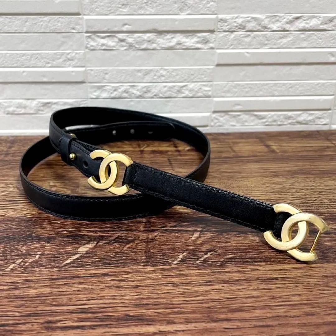 良品 シャネル レザー ダブル ココマーク バックル ゴールド 金具 ベルト.