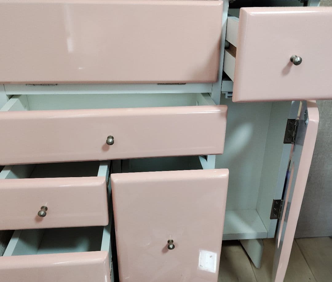 ピンク木製ドレッサー・コスメボックス ミラー付き