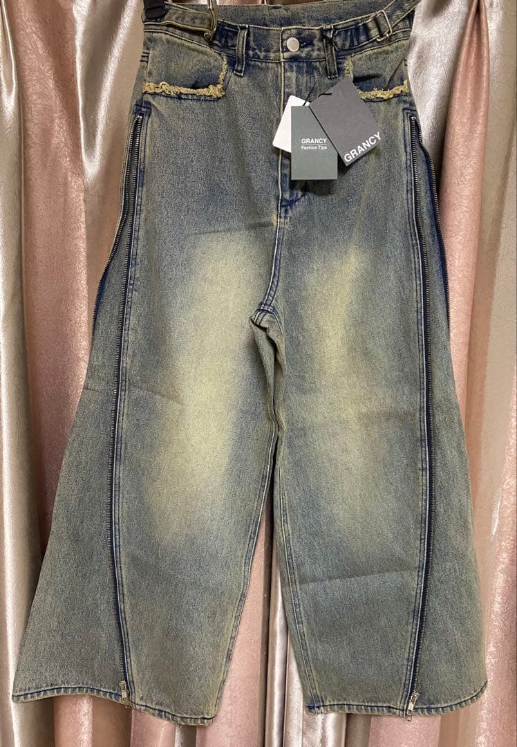GRANCY ジップデザイン バギーデニムパンツ Sサイズ　ブルー