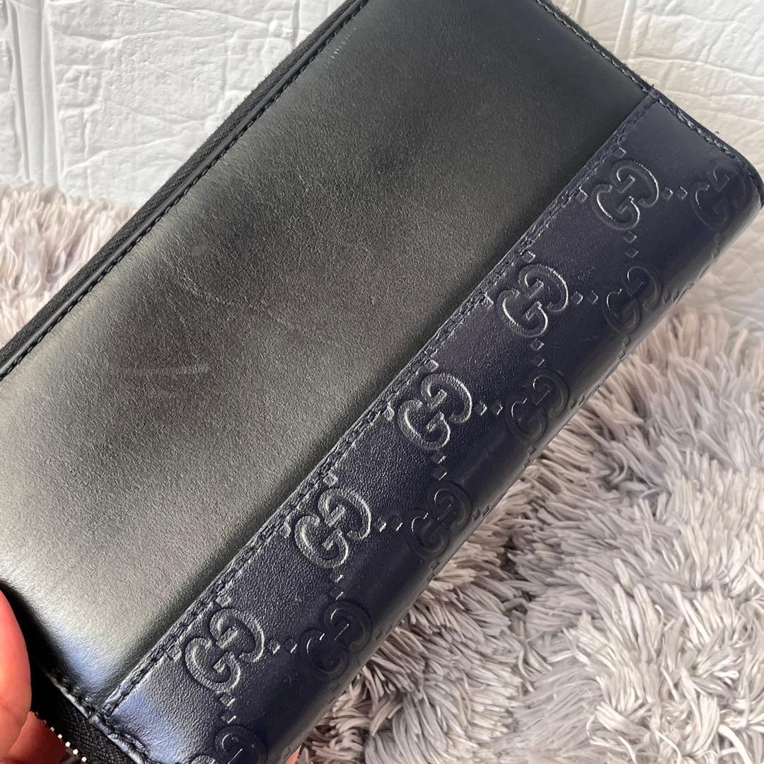 美品✨GUCCI シマ　ブラック　切り替えレザー　メンズ　ラウンドジップ　長財布