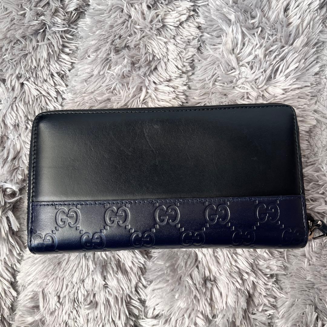 美品✨GUCCI シマ　ブラック　切り替えレザー　メンズ　ラウンドジップ　長財布