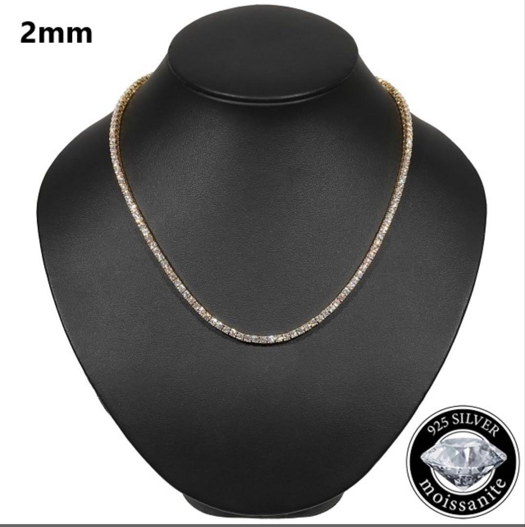 モアサナイト テニスネックレス 925Silver ゴールド ２mm ４５ｃｍ