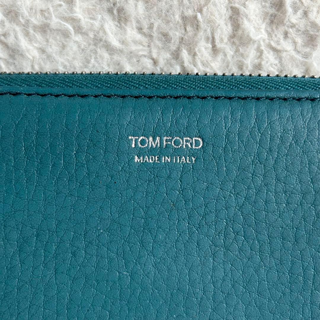 美品✨トムフォード 長財布 ラウンドファスナー シボ革 ロゴ ターコイズグリーン