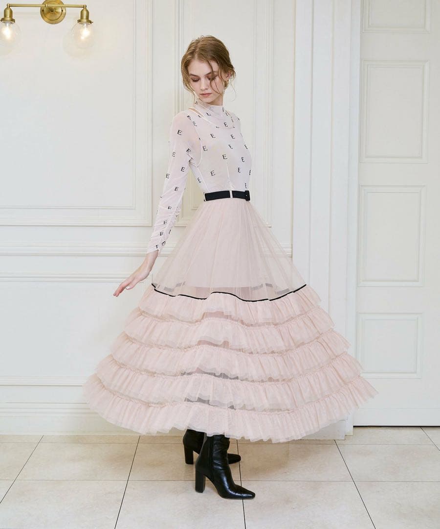 EIMY ISTOIRE チュールティアードレイヤードスカート ピンクベージュ