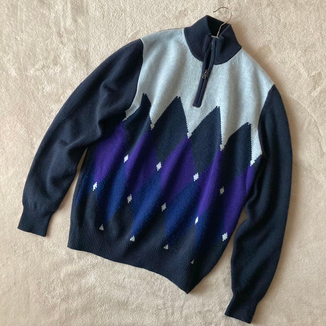 イタリア製バランタイン＊最高級カシミヤ100% アーガイルニット＊ネイビー×水色