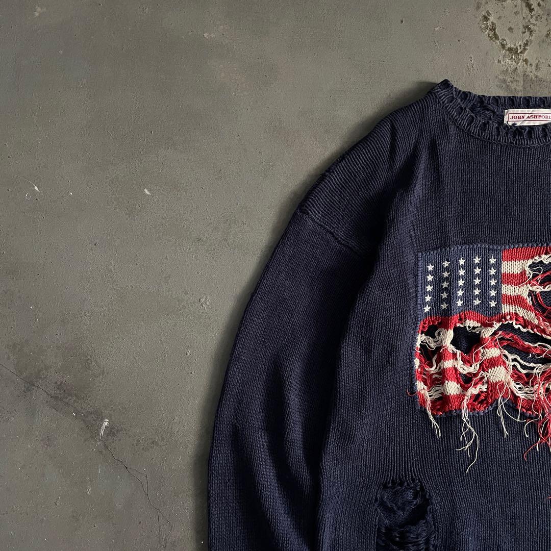 90's john ashford”麻綿”星条旗”Boro knit