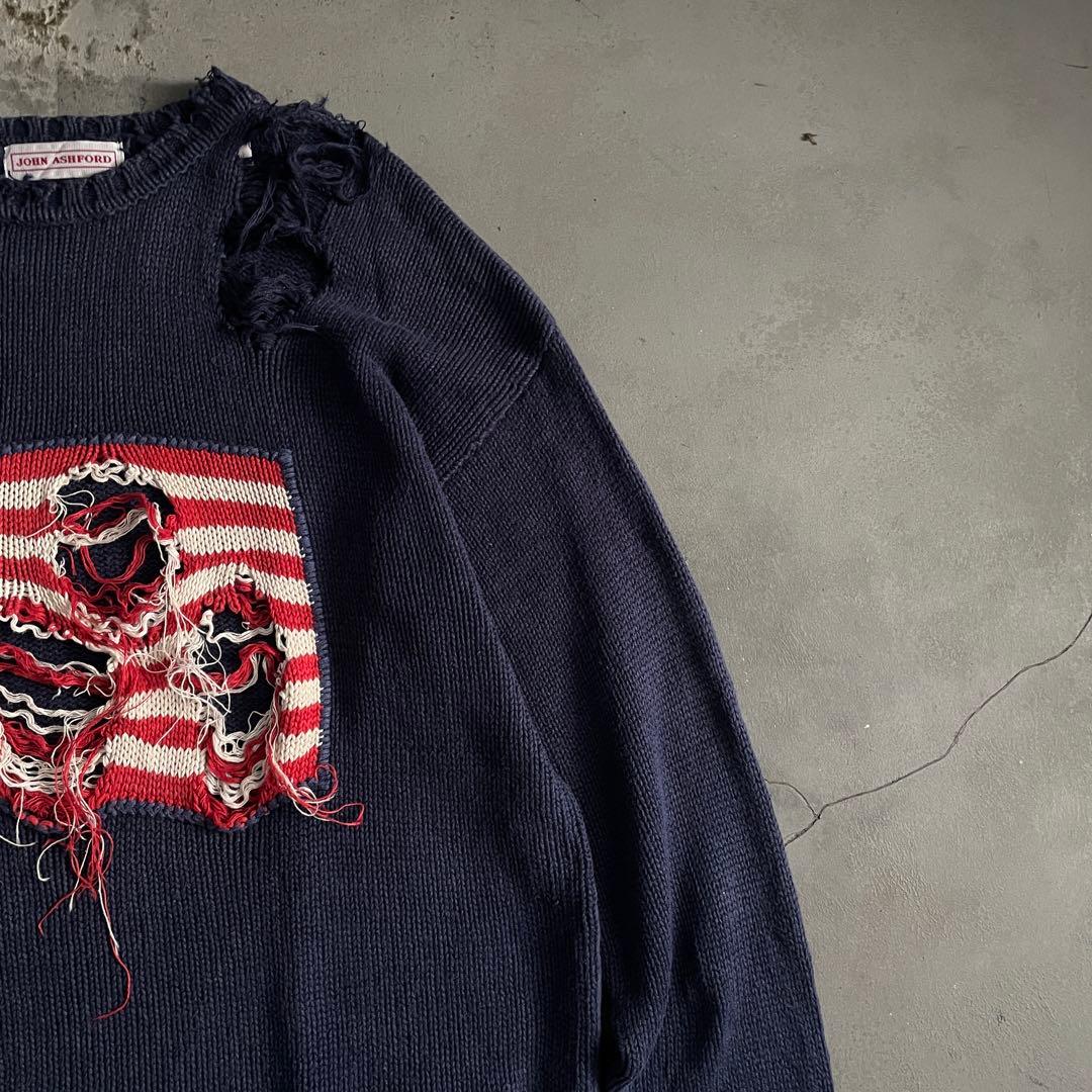90's john ashford”麻綿”星条旗”Boro knit
