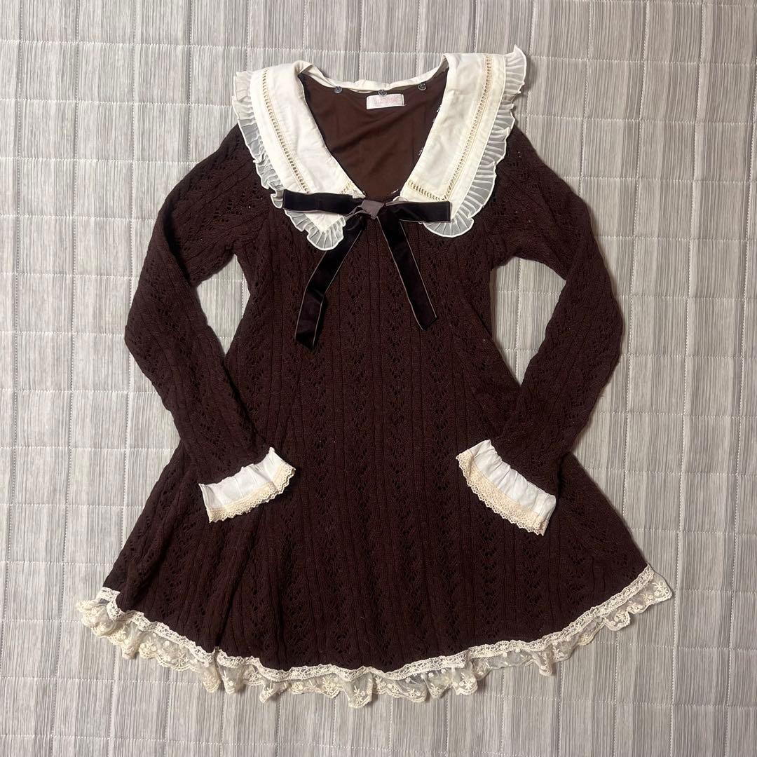 ブラウン ケーブル編み ミニワンピース