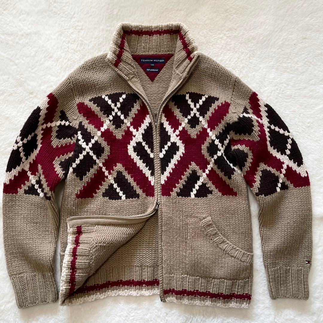 【希少】トミーヒルフィガー　ネイティブ柄　カウチン　ドライバーズニット　L