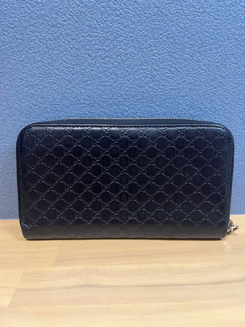グッチ マイクロシマ GG柄 ラウンドジップ 長財布 レザー ブラック