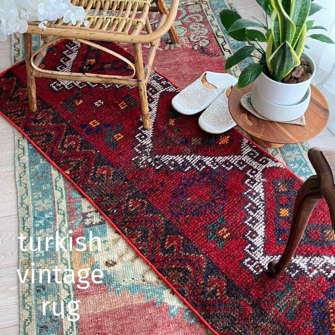 温かざっくり編み✳︎クリスマスレッド　　ロング　ランナー　トルコヴィンテージラグ