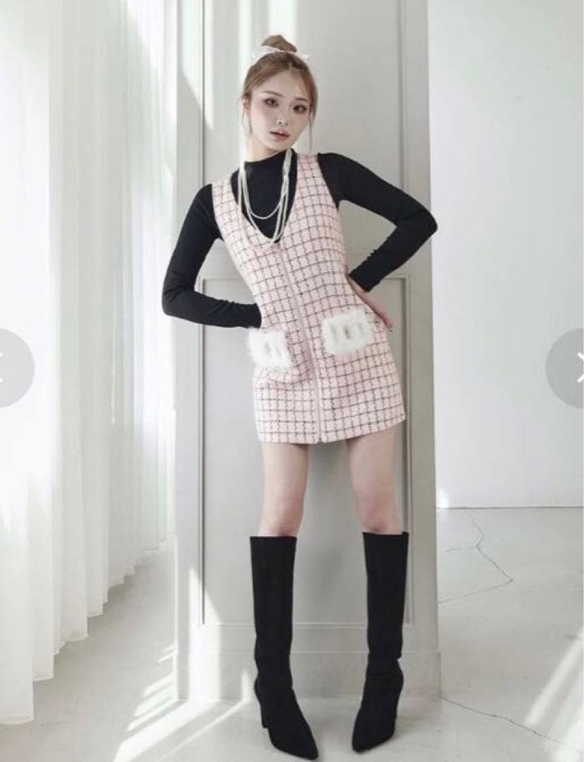 Darich フロントファスナーツイードミニワンピース