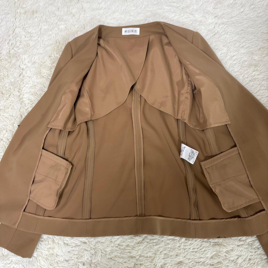 美品　プラステ　ノーカラー　セットアップXS　ベージュ　ポリエステル　ベルト