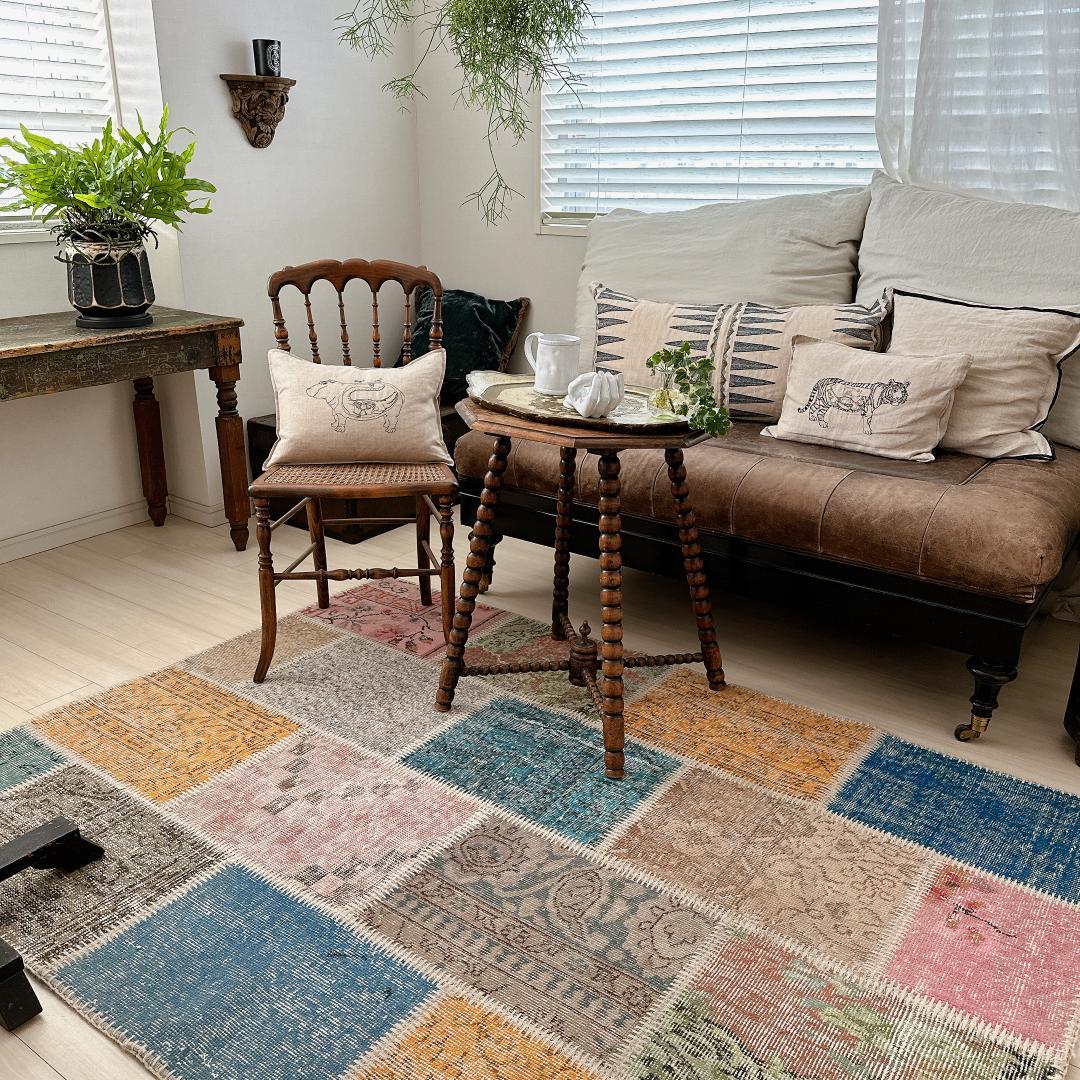 トルコ製ヴィンテージラグ915 レア 高級 ブルー イエロー パッチワーク