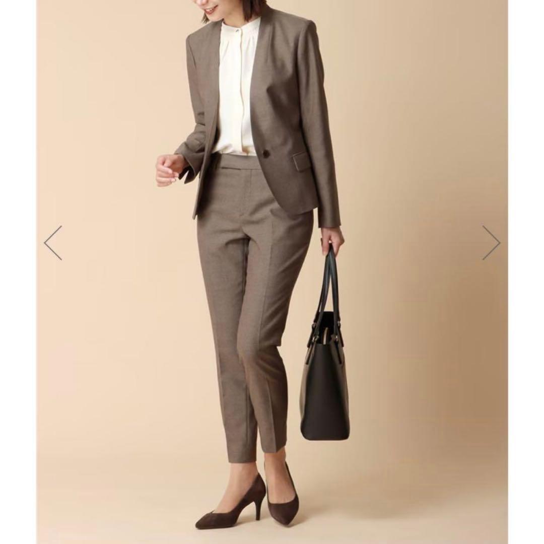 【極美品】現行 近年 スーツスクエア パンツスーツ ノーカラー 上下セット 茶