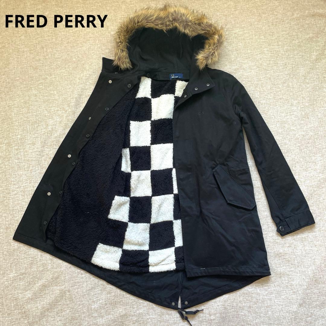 FRED PERRY ブラック ロゴ チェック ファー モッズコート Sサイズ