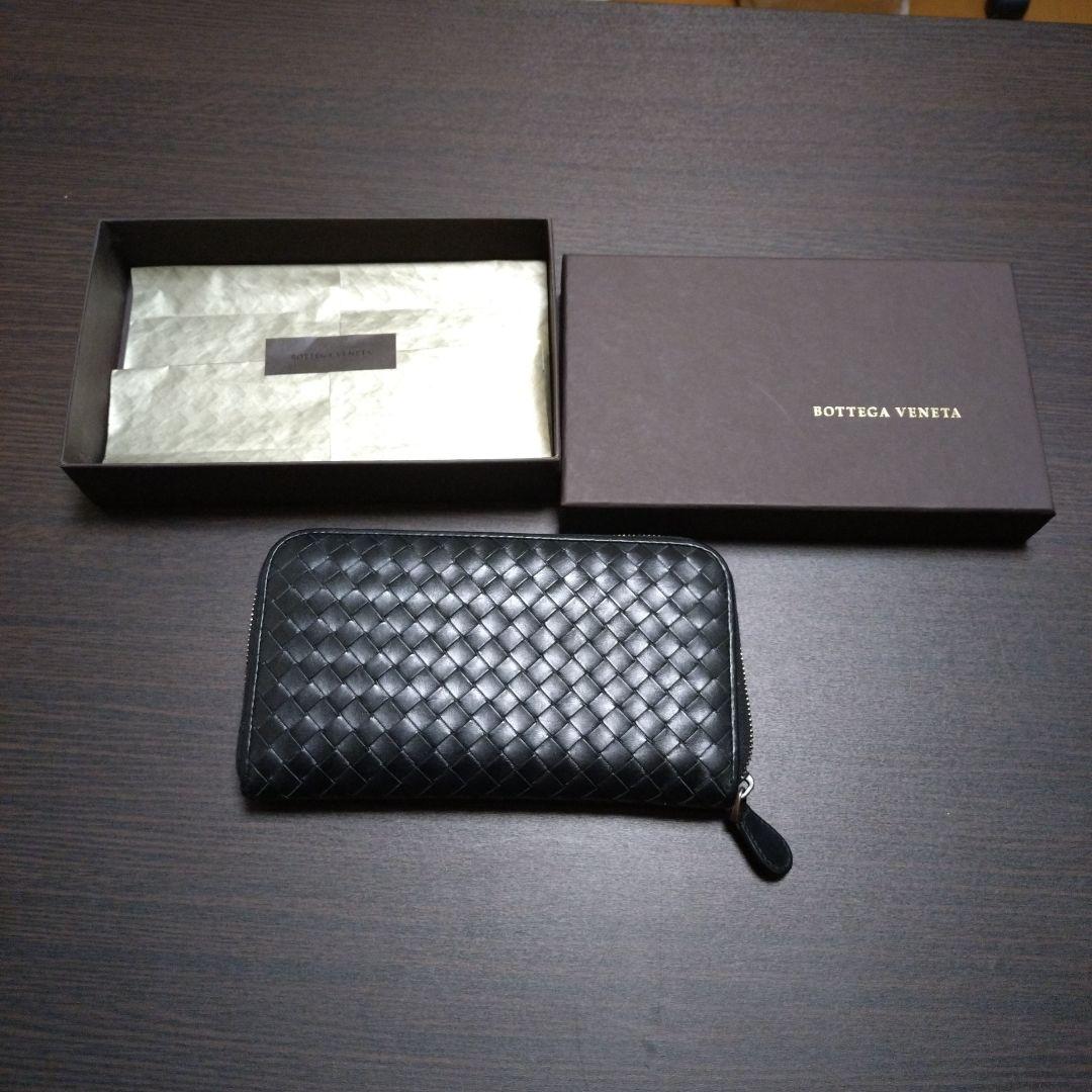 ラ*0様 BOTTEGA VENETA ブラックレザーラウンドジップ長財布
