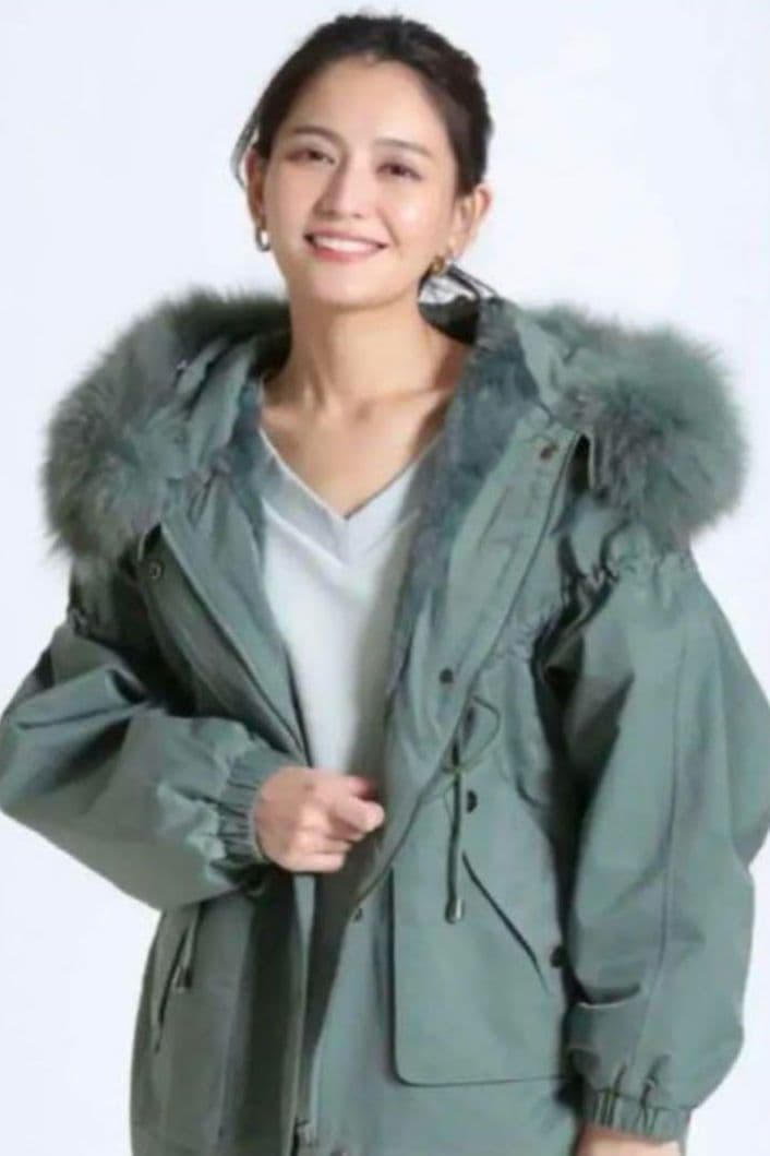 グリーン モッズコート ファー付きフード