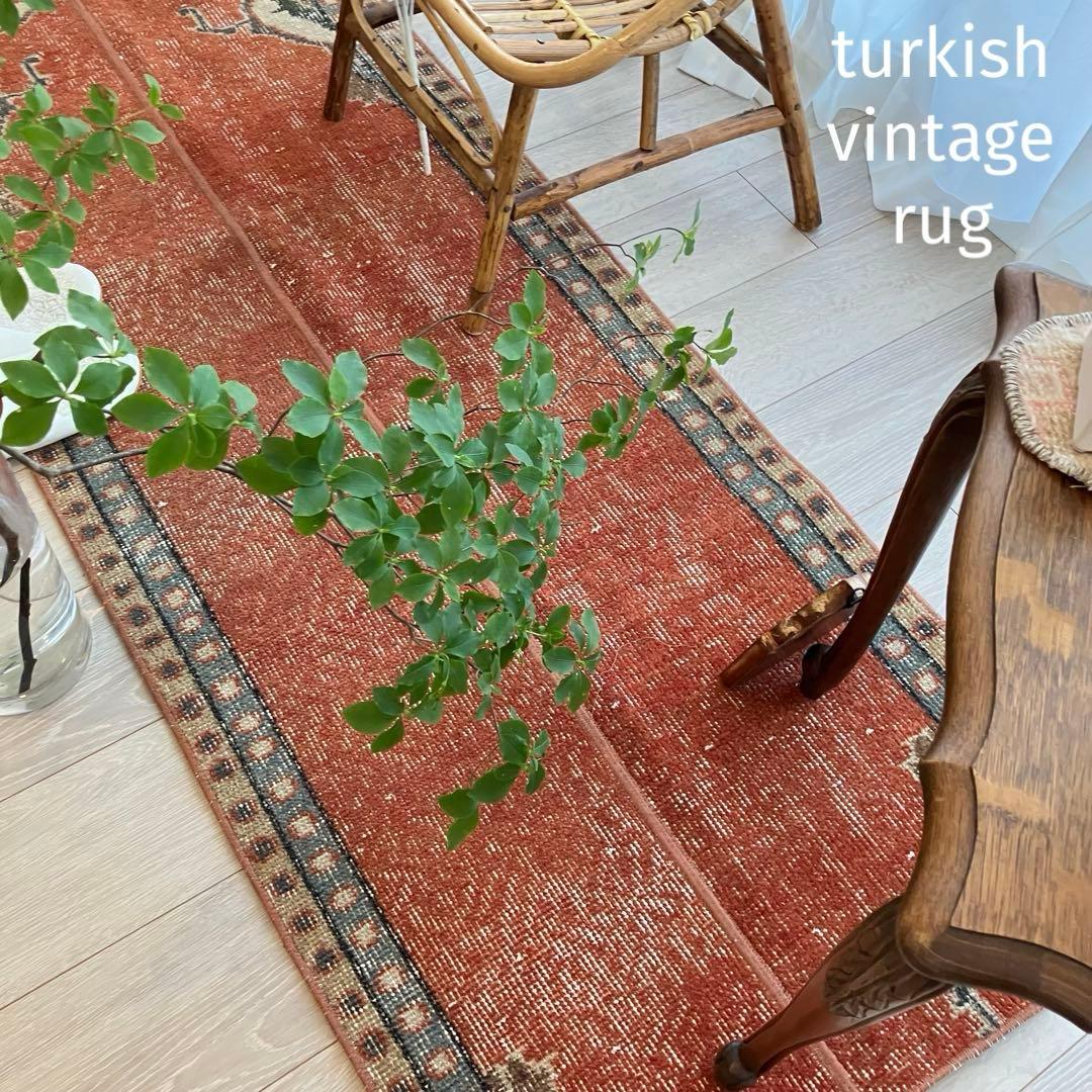 オレンジ✳︎65×187 ブルー　パッチワークランナー　トルコヴィンテージラグ