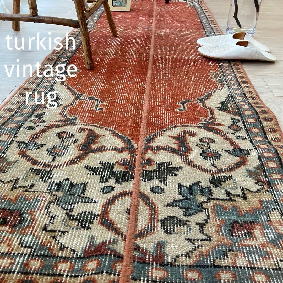 オレンジ✳︎65×187 ブルー　パッチワークランナー　トルコヴィンテージラグ