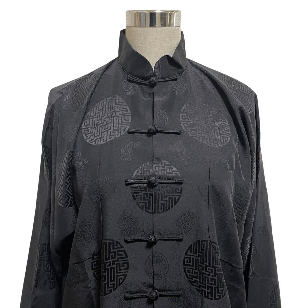 シャンハイタン 上海灘 チャイナ シャツ シルクシャツ M 黒 カンフー 太極拳