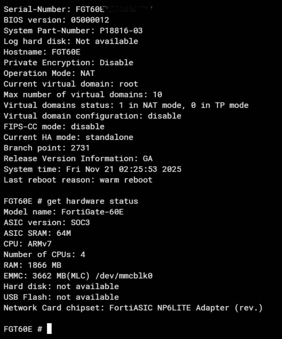 FORTINET FORTIGATE-60E(ライセンス切)【v7.4.7】①