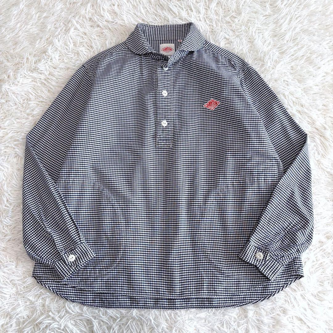 極美品 ダントン プルオーバー 長袖シャツ 丸襟 ギンガムチェック ネイビー×白