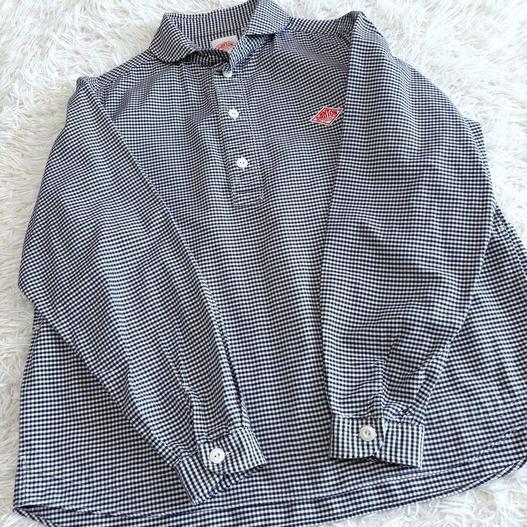 極美品 ダントン プルオーバー 長袖シャツ 丸襟 ギンガムチェック ネイビー×白