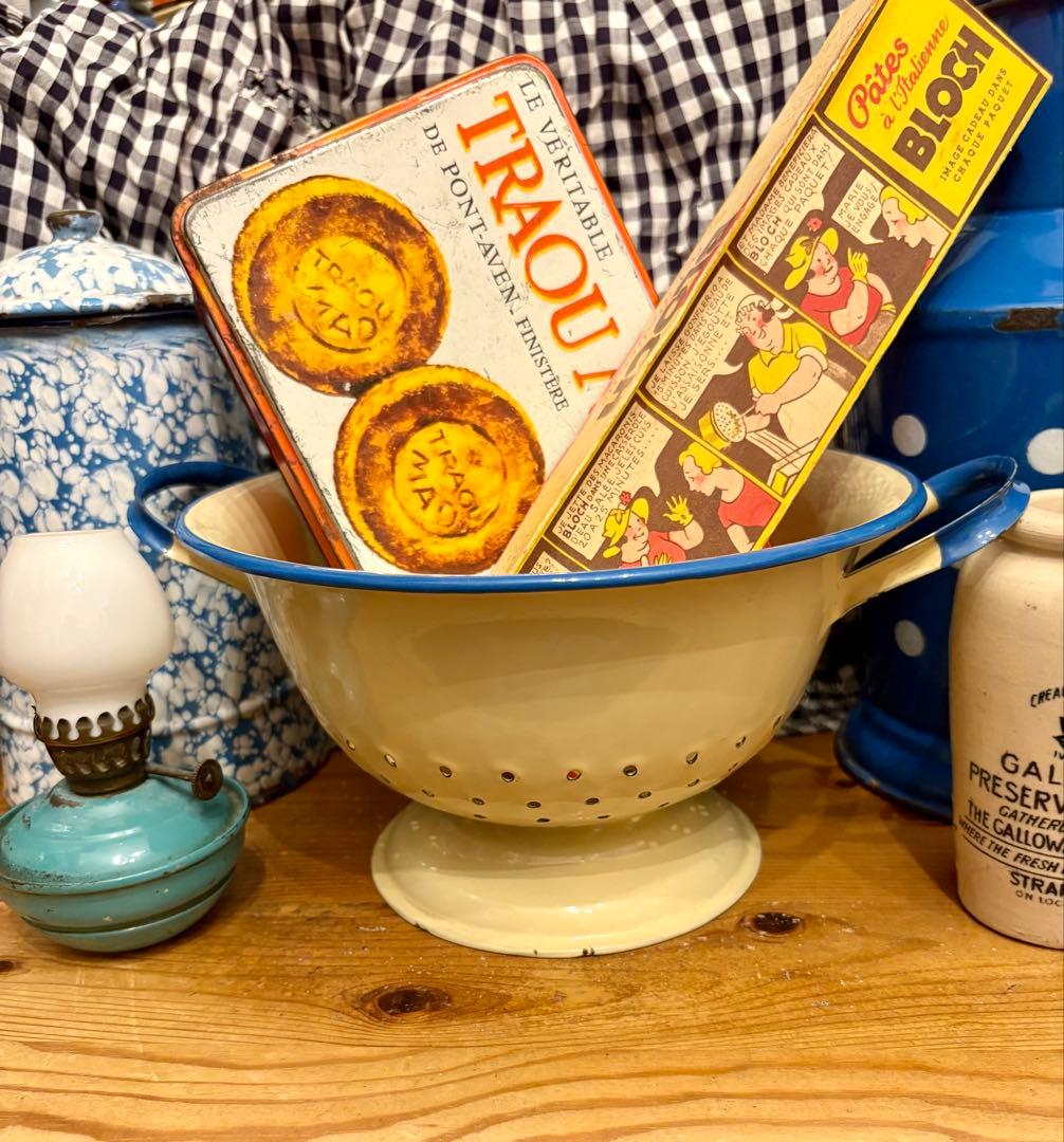 ◆希少美品◆イギリスアンティーク ホーローコランダー　クリーム×ブルー