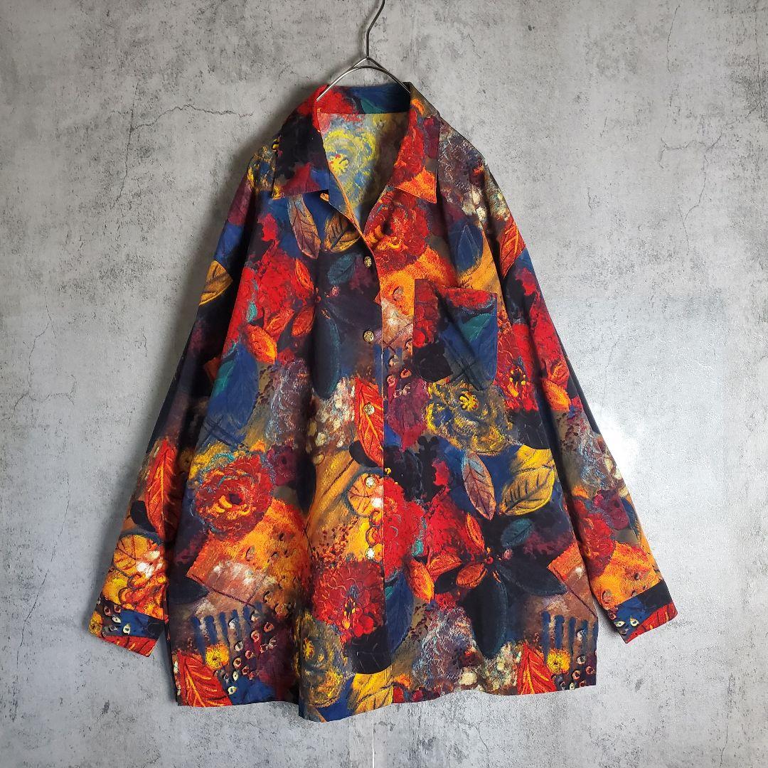 【ヴィンテージ】古着 オープンカラー 総柄 花柄 マルチカラー レトロ