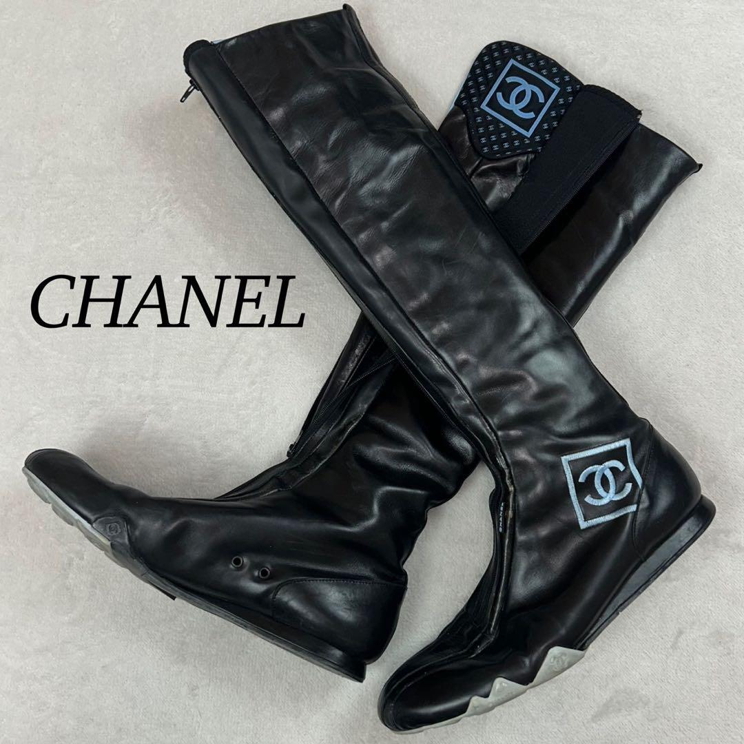 K634 25.0cm シャネル ココマーク 刺繍 ブーツ ブラック レディース
