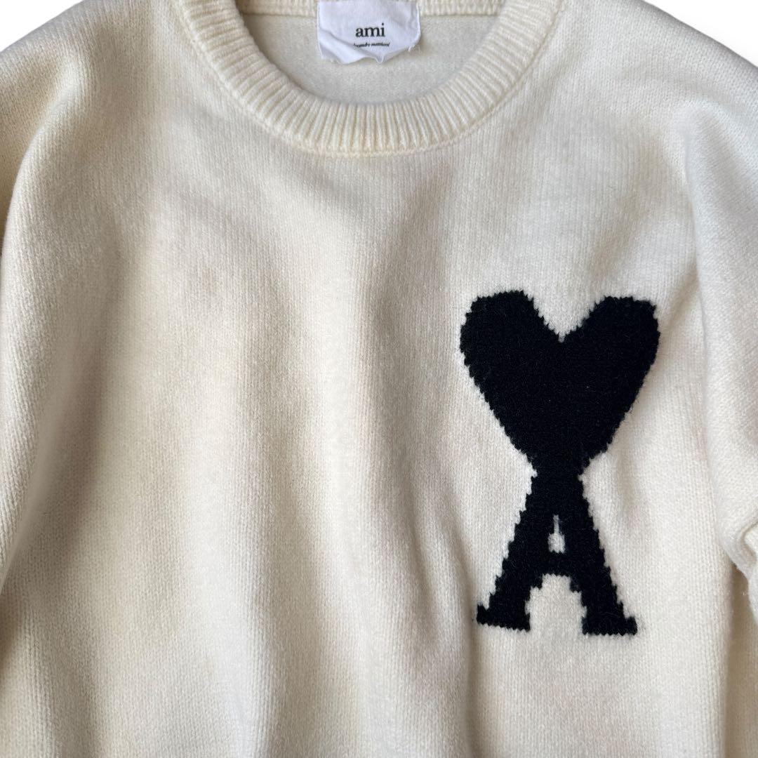 希少✨ami ニット 白 クルーネック ハート刺繍 ロゴ セーター 男女兼用